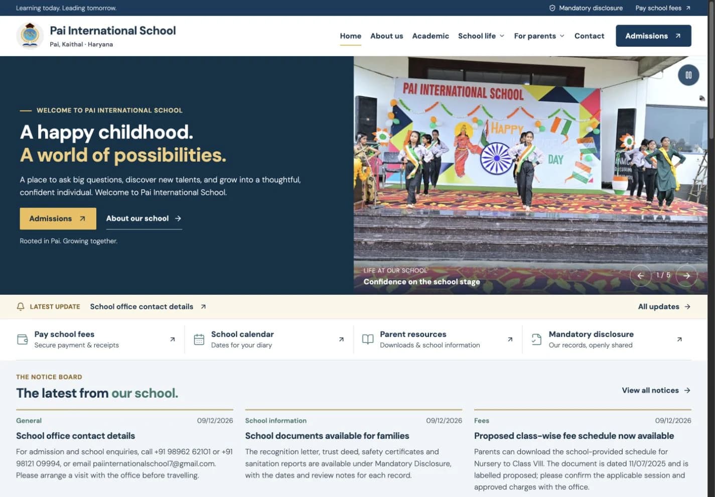 Pai International School delivered website preview
